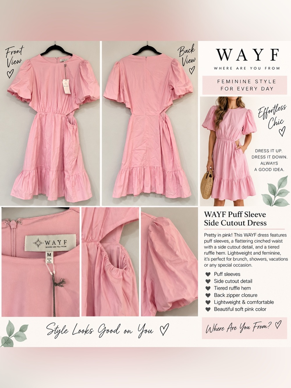 NWT WAYF Pink Puff Sleeve Side Cutout Ruffle Mini Dress Size M